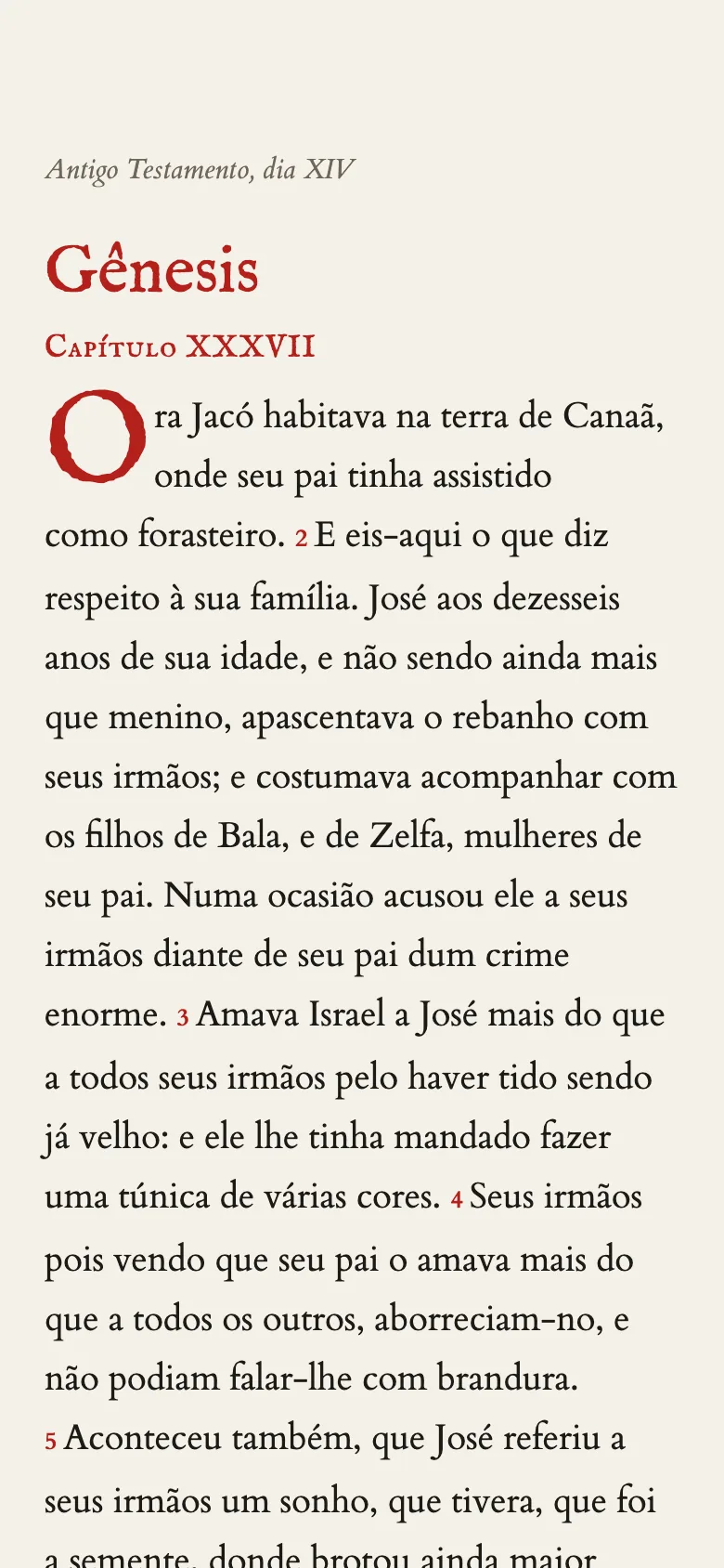 Tela de leitura: Gênesis, capítulo XXXVII, com a capitular vermelha e os números de versículo em vermelho.